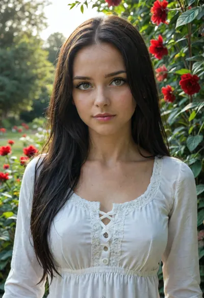 1 cute girl, white blouse, long hair, black hair, sunlight, flower garden, masterpiece, extremely fine and beautiful, nsfw, boobs