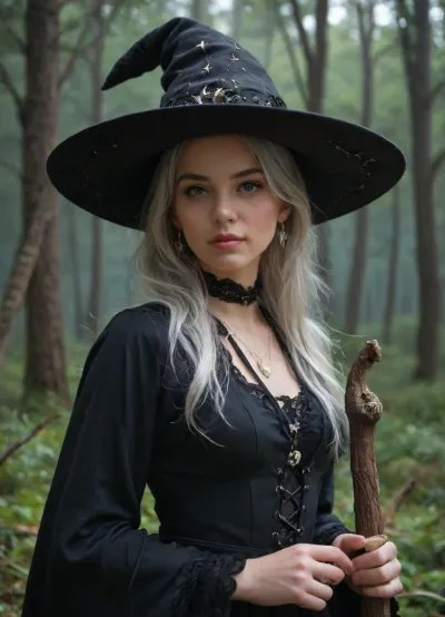A highly realistic and detailed digital painting of a beautiful witch in a black leather dress with intricate lace-up details. She wears a large, bent witch's hat with a silver buckle. Her piercing eyes and long, wavy silver hair give her an enchanting look. She holds a mystical staff with a twisted wooden design and a glowing star-shaped ornament at the top. Her accessories include a black choker with a crescent moon pendant and matching star-shaped earrings. The background is a dark, foggy forest with eerie, twisted tree branches, creating a magical and mysterious atmosphere. Ultra-detailed, cinematic lighting, dark fantasy style