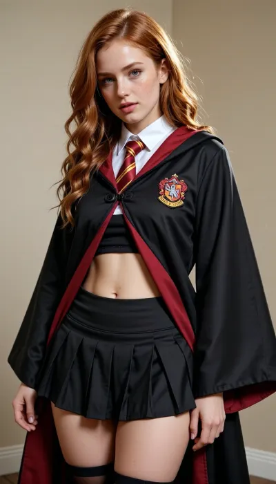 Gryffindor uniform, black robe, red, light, pussy, clothing, skirt lift, high details, highres, seducing look, perfect eyes, perfect face, ginger hair