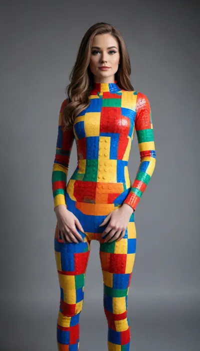 A beautiful woman wearing a skin-tight full-body suit with a Lego brick pattern