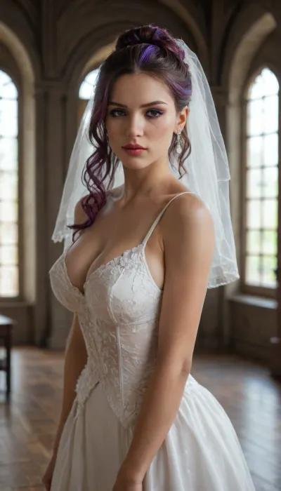shallow depth of field, 85mm lens, (18-year-old:1.6), beautiful, athletic, (young:1.6), petite, (((Brazilian girl))), ((black eye shadow)), ((brunette updo hair with purple highlights)), (((Mahogany skin tone))), ((tight large breasts)), (bridal veil), ((white bridal lingerie)), ((inside an opulent cathedral)), ((inside an ancient temple)), ((leaning on an altar)), ((posing like a super model)), direct eye contact, warm glow, cinematic atmosphere