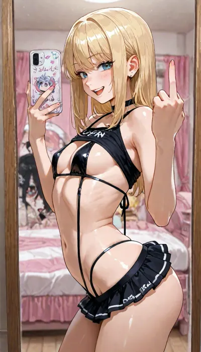 BEST quality, ((((((slutty kawaii costume)))))), (((enthusiastic sorority girl))), petite, flat breasts, arrow butt, petite hips, ((2007 blonde emo hair)), ((((sorority bedroom)))), ((side view, arched back)), (((happy mirror selfie))), ((middle finger)), iridescent slingshot bikini, ((porn)), 1girl, Scene-Queen, girl, Emo, Long, Hairstyle, <lora:LCMTurboMix_Euler_A_fix:2>, <lora:add-detail-xl:2>, <lora:2010s_Emo_Style_XL:2>, <lora:Scene_Queen_Auto_Tag:2>