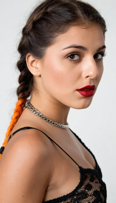Hyper-realistic headshot of a young Indian woman with long straight black hair falling over both shoulders. Fierce snarling expression, lips pulled back showing teeth, brows knitted tightly, intense dark brown eyes staring straight ahead, small silver nose stud, dark matte burgundy lipstick. Black lace-edged camisole, two necklaces, (thin white beads and a thicker red-orange braided cord ending in a small gold cross), . Partial black rose tattoo visible on the left shoulder. Clean white background, strong side light that sculpts the face, extreme skin and hair detail, sharp facial features.