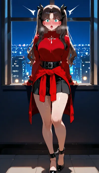 (masterpiece, best quality), rin_tohsaka from fate/stay_night, full body visible, ((standing by a window with city lights at night:1.5)), wearing a tight red jacket and black skirt, (black leather restraint belts around her waist and wrists), hands cuffed behind her back, (man's hand holding her raised leg), blushing, shocked expression, drooling, sweat on skin, dark blue background, detailed lighting, explicit, nsfw.