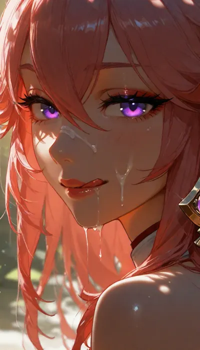 Yae Miko from Genshin Impact. starry eyes, glowing eyes, Smiling. Licking lips. Naughty face . shot of face, portrait shot. Side view. She's looking at viewer. cum on face. Cum dripping. Facial cumshot., (makeup:1.3), ., (dappled light, dappled sunlight), solo, eye, focus, face, close-up, sparkle, looking, at, viewer, glowing, eyelashes, <lora:SDXL Detail:1.7>, <lora:MJ52:1.2>, <lora:dark:1>, <lora:BUT_SDXL_SHS:1.6>, <lora:Jeweled eyes-NAI:2>