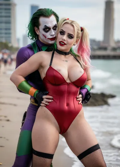 (8K resolution), ((people touched detailed)), (((adult movied therapy-sapphic performing, body the position, babe enormous plumped pouring breast, friend fucking of Joker Harley Quinn skin costume, massive fucked pussy and glamorous butt, hourglass body, touch jobbing, Joker gangbang bimbo perform reinvent escort makeup))), ((wetting by sea with orgy characters between hand fucking man in mouth job, wear heel and net bikini. The day, lighting HDR+, full body visibly)), (tattoos cover wrought body, detailed), ((public beach on porned seaside))