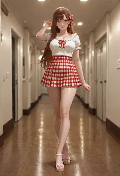 Create a highly photorealistic full-body fashion portrait of an adult woman standing in a modern luxury apartment hallway. She has very long straight chestnut-brown hair swept over one shoulder and a cheerful natural smile, looking slightly upward and to the side.

She is wearing a coordinated white outfit, a fitted short-sleeve cropped top with subtle ruffled trim and small red-and-white gingham bow details, paired with a very short white pleated skirt with matching gingham bows. Complete the outfit with elegant transparent high-heeled sandals.

Pose her standing naturally with her legs crossed slightly at the ankles, one hand relaxed beside her body and the other resting naturally near her hip. Keep the pose confident and fashion-editorial rather than provocative.

The setting is a narrow contemporary hallway with dark flooring, warm beige and taupe walls, vertical wood-panel details, large reflective glass surfaces on one side, recessed ceiling track lights, and subtle warm LED floor lighting.

Use warm indoor ambient lighting mixed with soft frontal fill light. Realistic skin texture, natural facial details, realistic hair strands, accurate hands and feet, realistic fabric folds and reflections. Full body completely visible from head to shoes.

Camera at approximately waist-to-chest height, vertical composition, 50mm full-frame photography look, shallow but natural depth of field, crisp subject focus, realistic perspective, premium fashion photography, high dynamic range, subtle cinematic color grading, ultra-detailed, photorealistic, natural proportions.