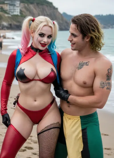 (8K resolution), ((people touched detailed)), (((adult sapphic movied therapy-performing, body the position, babe enormous plumped pouring breast, friend sex of Joker Harley Quinn skin costume, massive fucked pussy and glamorous butt, hourglass body, touch jobbing, Joker gangbang bimbo perform reinvent escort makeup))), ((wetting by sea with orgy characters between hand fucking man in mouth job, wear heel and net bikini. The day, lighting HDR+, full body visibly)), (tattoos cover wrought body, detailed), ((public beach on porned seaside))