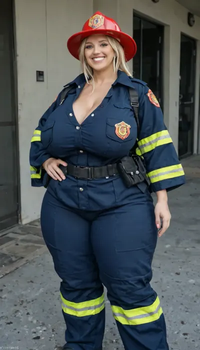 40 yo smiling woman, (((fully clothed blonde firefighter))), masterpiece, best quality, 8k, solo, front facing, (gigantic saggy breasts:1.2), (smiling:1.2), (tall:1.2), (tall girl:1.2), (gigantic hips:1.2), (gigantic thighs:1.2), <lora:add-detail-xl:1.4>, <lora:Aletta_Ocean_AS_SDXL:.8>