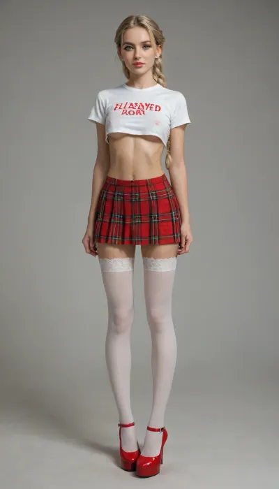 extremely skinny, sunshine blonde, long braid, slavic face, green slanted eyes, sunken cheeks, high cheekbones, pointed chin, sensual cherry-coloured lips, huge tits, very beautiful, white transparent high-cropped t-shirt, underboobs, nipples sticking hard under clothes, red tartan flared extremely short microskirt, white stockings with lace garters, red high heels, full-body