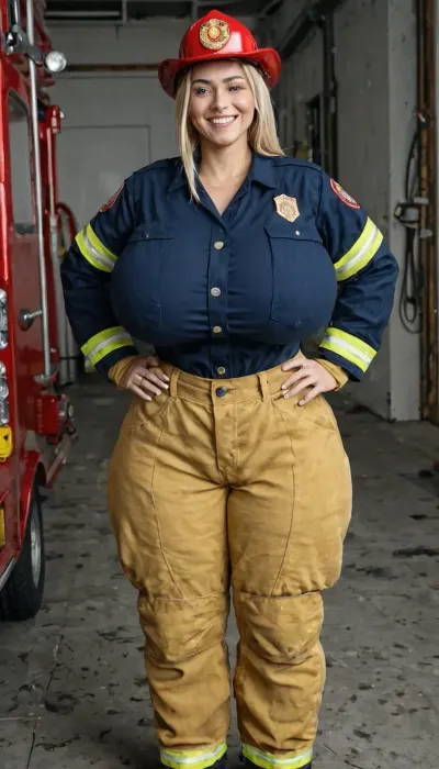 40 yo smiling woman, (((fully clothed blonde firefighter))), masterpiece, best quality, 8k, solo, front facing, (gigantic saggy breasts:1.2), (smiling:1.2), (tall:1.2), (tall girl:1.2), (gigantic hips:1.2), (gigantic thighs:1.2), <lora:Aletta_Ocean_AS_SDXL:1.8>