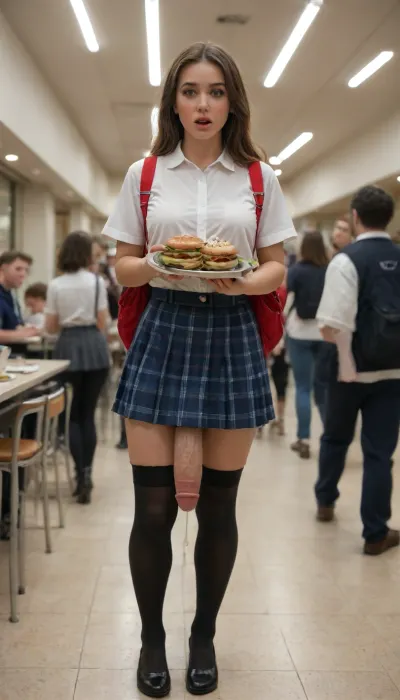 Beautiful, 26 year old, super big thick swollen enormously oversized veiny super long penis futanari in a crowded school cafeteria, standing in the busy cafeteria holding a lunch tray with food, in view of her classmates, her classmates looking at her, stockings, ryanair, super uber big low hanging veiny penis, large heavy low hanging testicles, students walking to class in the background, cum overflowing, cumshot, cum explosion, cum dripping, cum covered, upskirt, short mini skirt, perfect beautiful face, pretty model face, long eyelashes, luscious lips, freckles, blushing cheeks, petite body, long hair, braless, carrying a backpack, Wearing, clothes, that, make, sense, with, Braless>, shocked and embarrassed facial expression, nonplussed, Object, gd, erection, sex, toy, penis, large, <lora:bralessSDXL_v1_00022:2>, <lora:shocked:1.1>, <lora:Penis_XL:2>, <lora:futanari_XL:2>