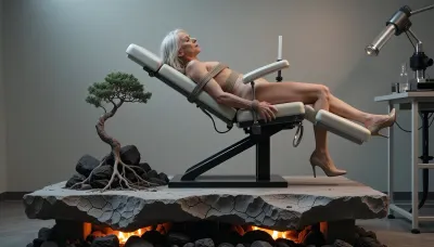 woman of 70 years old nude business woman lays bondaged on gyno chair ready for sexual experiments of mad scientist in lab, high heels, fuck machine

minimalist fine art photography, a weathered concrete slab with a cracked, organic edge, a lone delicate bonsai tree growing from a rugged pile of dark volcanic rocks at the base, roots intertwining with the stone, glowing warm ember light at the bottom, soft atmospheric grey background, dramatic chiaroscuro lighting, sharp focus, hyper-realistic, intricate textures, cinematic composition, 8k resolution, serene and contemplative mood, masterwork, minimalist aesthetic. View from 3/4