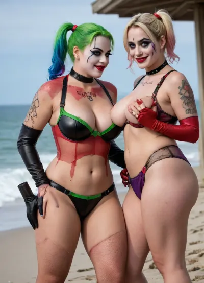 (8K resolution), ((people touched detailed)), (((adult movied sapphic therapy performing, body the position, babe enormous plumped pouring breast, wife of Joker's Harley Quinn skin costume, massive fucked pussy and glamorous butt, hourglass body, touch jobbing, interracial gangbang bimbo perform reinvent escort makeup))), ((wetting by sea with orgy characters between hand fucking man in mouth job, wear heel and net bikini. The day, lighting HDR+, full body visibly)), (tattoos cover wrought body, detailed), ((public beach on porned seaside))