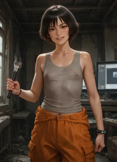 high quality, photorealistic, in messy old spaceship, electronic s-f devices, popes, mess, tools, woman, (dirty:1), sweating, scarred, (black short hair), freckles, slim, (flat chested), (orange cargo pants), (loose grey tank top), (on left wrist wearing large plastic bracelet with screen attached), (big nipples), (), holding a welding tool, smile, happy, excited, (looking at viewer), (excessive pubic hair)