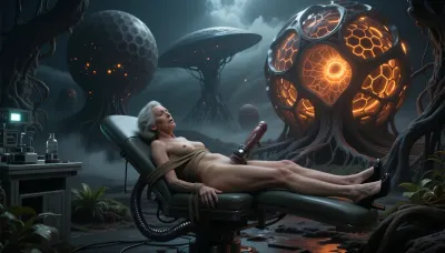 woman of 70 years old nude business woman lays bondaged on gyno chair ready for sexual experiments of mad scientist in lab, high heels, fuck machine

alien planet landscape, giant bioluminescent organic spherical structures, pulsating internal orange glowing core, complex web-like veins and honeycomb textures on spheres, dark alien flora, twisted root systems, misty and cloudy atmosphere, post-apocalyptic aesthetic, cinematic lighting, moody, dark and eerie, highly detailed, sci-fi concept art, surreal, volumetric lighting, 8k resolution, photorealistic textures, trending on artstation, masterpiece, dark fantasy, unsettling atmosphere.
