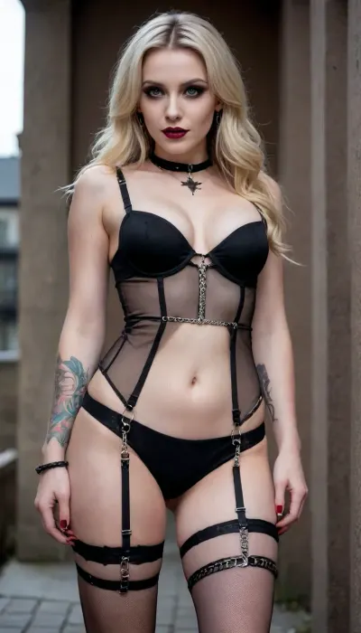 (Sexy Sweet Tempting Woman), Professional sexy seduction modelposes, supermodel, Dark back alley, perfect lighting, ultra realistic, 8k resolution, ultra detailed, instagram model, professional photography, ((Sexy Erotic, sex call girl, Gothic style, Gothic makeup)), luxurious ash blond hair, Blue eyes, Sexy lips, Exquisite earrings, Exquisite necklace pendant, Exquisite jewelry, ((Sexy EROTIC, chain, restraint, bondage)), exposed breasts, (chain, Black garter belt, Fishnet stockings), (Sexy Small tattoo), pale skin, natural big round breasts, shy smile, nordic, flirty, bashful, seductive, lusty, playful, Healthy slim body, Tall, very long legs, hourglass figure, Sweet face, perfect face, lifelike face, real face, very beautiful face, detailed face
