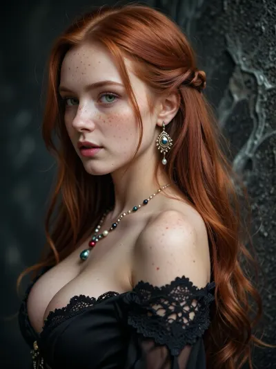 photograph, digital art, fantasy style, beautiful red-haired woman, long straight hair, fair skin, freckles, green eyes, delicate features, wearing black off-shoulder dress with lace trim, beaded necklace, ornate earring, big breast, looking over shoulder, soft light, dark textured background, ethereal, fantasy character, intricate hair details, realistic texture, fantasy portrait, romantic, mystical, detailed, elegant, soft focus, dreamy atmosphere.