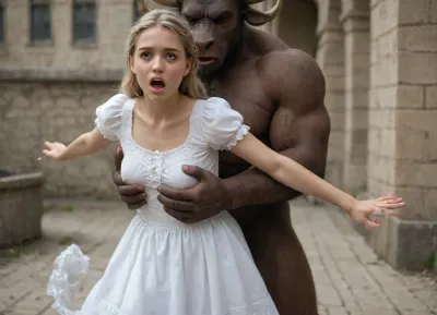 huge minotaur, (huge minotaur:1.5), minotaur bigger than woman, Skinny 25 year old Russian woman with very small firm breasts and long wavy dirty blonde hair wearing a white medieval dress, courtyard, minotaur grabs woman from behind, tearing her dress open revealing her small firm breasts, groping, screaming, (scared expression), struggling, (grabbing), variable view, side angle, variable shot