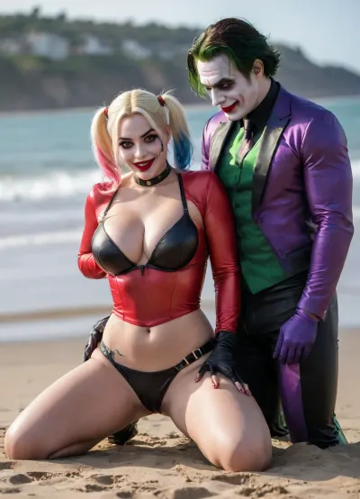 (8K resolution), ((people touched detailed)), (((adult movied sapphic therapy performing, body the position, babe enormous plumped pouring breast, Harley Quinn Girlfriend Joker's skin costume, massive fucked pussy and glamorous butt, hourglass body, touch jobbing, interracial gangbang bimbo perform reinvent escort makeup))), ((wetting by sea with orgy characters between hand fucking man in mouth job, wear heel and net bikini. The day, lighting HDR+, full body visibly)), (tattoos cover wrought body, detailed), ((public beach on porned seaside))