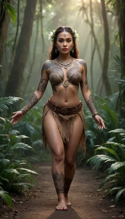 a fullbody illustration of a adult beautiful maori woman in traditional clothing and maori tattoos dance a maori haka in the jungle, She has a pretty coquettish faded face, elaborate hairstyle, small breasts, detailed crystal eyes, light glowing irises, heartshaped lips, lip gloss, aroused skin, sunrise, ground fog, fog, long shadows, dreamy mood, detailed photo, photorealistic photo, realistic pretty women photo, night vision, soft fokus, parallax, overexposure, fantasy art, cyberpunk art, #©KITTYART