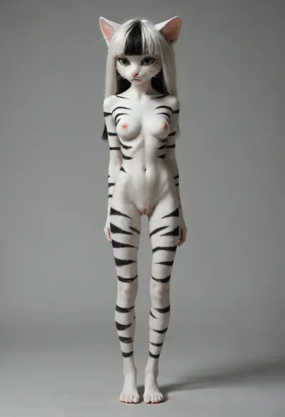 Young anthropomorphic white furry cat with black stripes, very long black and white hair, extremely long black hair, thin build, playful look, anthropomorphic young furry, standing on two legs, thigh gap, full-length image, female, slender athletic body. pussy, nipples, big breasts. short stature, small body, cute, big head, long slim legs