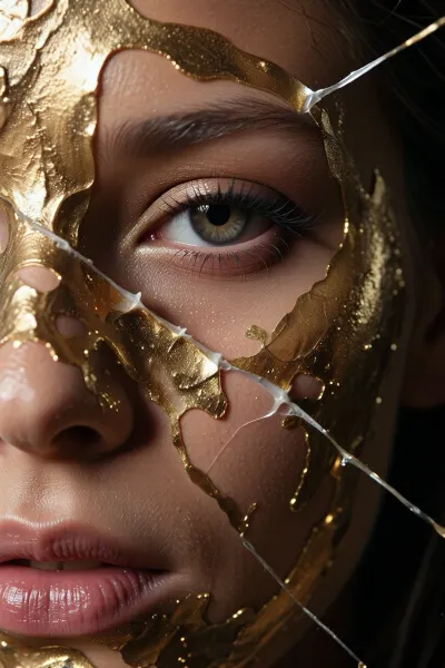 tight cinematic close-up of a high-fashion female model looking directly into the camera from behind a cracked layer of liquid gold paint on her face. The camera is positioned so closely that one eye and part of her cheek are perfectly sharp through a sharp fissure in the texture. High-contrast chiaroscuro lighting, visible skin pores mixed with metallic flakes, avant-garde editorial style, dark background, 85mm lens, masterfully textured, (8k)