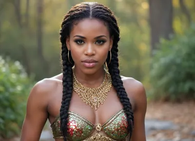A fiercely proud african barbarian girl stands, standing in water, her presence exuding unwavering strength. hold a battle axe on her hand. Her black braids cascade down her back, framing a face marked by determination and resilience. This stunning portrait captures her piercing red eyes, reflecting the landscapes of her desertic homeland. The intricate details of her embroidered barbarian full armor of her warrior spirit. emerald green eyes, This high-quality picture seamlessly combines power and grace, drawing the viewer into the captivating story of a fierce african barbarian warrior princess. body manipulations, divine proportion, non-douche smile, gaze into the camera, holographic shimmer, whimsical lighting, enchanted ambiance, soft textures, imaginative artwork, ethereal glow, silent Luminescence, whispering Silent, iridescent Encounter, vibrant background, full body, (((rule of thirds))), high quality, high detail, high resolution, (bokeh:2), backlight, (long exposure:2)