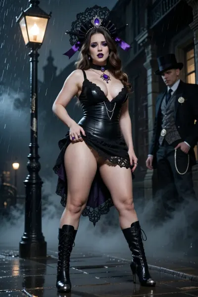 50 years old, ((pale white)), housewife, Classy, thick booty, (curvy waist:1.2), (chubby:1.6), sexy thick legs, thick arms, saggy natural tits 32b, wavy brunette hair, black eye shadow, Dark Purple lipstick, Glossy oiled face & body, dark purple amethyst pentacle necklace, dark purple amethyst wedding ring, small nipple rings, slutty smirk, (wearing black leather and lace deep v-neck half top, silver chain medallion, lace skirt, high heel leather lace-up boots with silver toes, elaborate headdress constructed from lace, velvet ribbons), ((standing under street gas lamp post, rainy dark night)), ((very foggy)), (very little background light, sky is very dark, dark shady except for gas lamp post 1867 London in the rain, intense fog), ((she is unaware of danger but fearful and scared feeling)), entire body view, focused lighting on her, photorealistic, arcane look, 8k resolution, UHD, (view from afar, far shot:1.7), (her whole body in view from head to feet:1.7), (wife looking at viewer:1.3), (whole face remains in clear view throughout:1.5), ((she is left in distant composition, far shot)), ((very much in the shadows, mysterious Jack the Ripper lurking in background shadows to right, top hat, 31yo, medium complexion, small pocket watch with chain in lower side vest pocket, wealthy, he is not the focus, almost lost in fog and shadows))