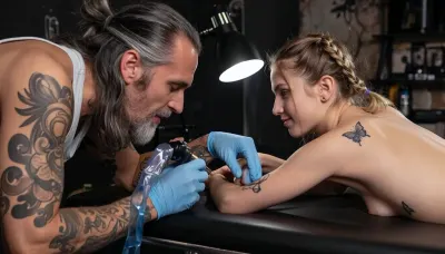 (Full-body view), A dark, dimly lit, run-down tattoo studio. A girl is lying stretched out on her stomach on a treatment table, getting a tattoo on her upper back., (The pretty girl is slender with light blonde hair braided into two pigtails, she looks back at the tattoo artist with a shy smile, trying to suppress the pain, she is naked, has small breasts, and sports small tattoos on her torso and arms, as well as a small butterfly tattoo on each buttock.), (The tattoo artist is a man in his mid-fifties with long gray hair tied back in a messy ponytail, heavily tattooed and pierced, he has a biker-like appearance and is wearing a white undershirt.), (A lamp—a spotlight—is positioned above the woman's back, casting a bright cone of light onto it.), (The tattoo artist wears blue disposable gloves and holds a tattoo machine, he is currently tattooing a small butterfly onto her upper back and appears focused on his work, the tip of the tattoo machine is positioned at the edge of the butterfly tattoo.), (Side view.), (The background is dimly lit, only the girl's back is brightly illuminated.)