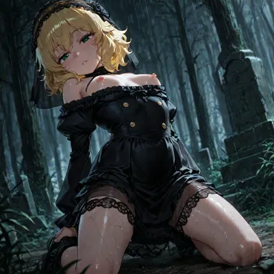 Muddy ground.The girl propped herself up with one hand, wearing a tearful expression.character, sakurai_momoka, information_detail_density_enhancer, It rained hard, making the ground all muddy. profile. character, A medium shot, character, Momoka Sakurai with, (The iDOLM@STER, Shiny Colors), (Retro curled blonde hair:1.2), short hair, (Momoka Sakurai's ruffled headband:1.2), beautiful green eyes eye-level view depicting a solitary girl kneeling beside a weathered stone grave in a desolate cemetery during a heavy downpour. The girl is dressed in a black off-shoulder lace maxi dress, black puff sheer sleeves, black 3D hollow lace, black ruched waist, black high-slit translucent gauze skirt that is soaked through, clinging to her frame, she is captured in a moment of deep grief, her eyes tightly closed as large, translucent tears stream down her pale cheeks. The environment is a gloomy graveyard filled with grey, moss-covered headstones and withered grass, all blurred under a thick veil of falling rain. The visual style is a high-quality anime illustration with a muted, cold color palette dominated by greys, deep blues, and blacks. The atmosphere is profoundly melancholic and somber, enhanced by the soft blur of raindrops in the foreground and a heavy, misty depth of field that isolates the girl in her sadness.cute pink nipples, (petite:1.6), shiny skin, oiled skin, dynamic pose, dynamic view, bending back, detailed artwork, clean composition, featuring high-resolution textures and sharp details. anime illustration. great quality, best quality., <lora:LCMTurboMix_Euler_A_fix:.5>, <lora:荻pote_XL:1.4>, <lora:sakuraimomoka_animagine_v1:1.4>, <lora:dark:.8>, <lora:Heavy_Rain_XL-000008:1.2>
