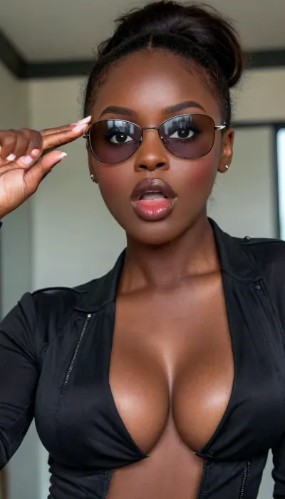 Masterpiece, view from below, wide shot, (ebony whore:1.5), seductive face, large natural boobs, ((black jet fighter pilot suit)), (deep cleavage), ((standing)), military airfield, bright sun, perfect hands, ((mirror aviator sunglasses)), at, viewer, melanin, realistic, real, face, hyper, realsitic, influencer, insta, beautiful, sexy, pretty, loemba, blueche, (with, blushing, cheeks:1), covche, covering, her, cheek, with, right, hand, covmou, mouth, looking, embarrassed, <lora:style_lora_realis:.8>, <lora:looking_at_viewer:.8>, <lora:melanin-XL:.8>, <lora:Realistic_Insta_InfluencerV1.0:.8>, <lora:EmbarrassedBlushing.1.0:.8>