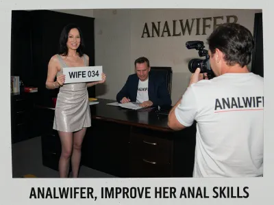 (polaroid vintage photo), Standing upright mature woman holding a sign with two hands that says "WIFE 034" and a company man seated at a big desk in a dark office, a photographer seen from behin is taking pics with a camera, she is standing in the right side of the desk facing the photographer, the word "ANALWIFER" is graved in the wall, exactly written caption at the bottom with arial letters "ANALWIFER, IMPROVE HER ANAL SKILLS", slim, she has dark hair, She is dressed in a elegant sexy everyday dress, stockings, and high heels, she is smiling to photographer, director is seated at desk and is wearing a blazer with a t-shirt underneath that says "ANALWIFER"., He has 50yo with a lot of slightly wavy thick dark hair with a curl over the forehead., (looking to photographer), photographer wears a t-shirt that says "ANALWIFER"., (grandma female 75 years old with sagging skin and medium-lenght straight dark hair), (pale skin), very slim, thin, age wrinkles, (very sagging old skin), Hard, direct, pop-up style frontal camera flash lighting, creating extreme high contrast between brightly lit foreground subjects and a deeply shadowed, dark background. The skin has a distinct glistening, sweaty-look sheen. Rapid fall-off of light into chaos and darkness in the distance. Retro flash color rendering with harsh highlights and potential red-eye effect.