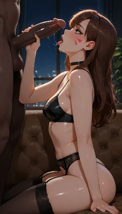 from side, (d.va from overwatch), (small body), (slim), (short), black choker, black sexy bra, black garter belt, black thigh highs, (black makeup), (ruined makeup), small breasts, messy hair, (sweat), (pleasure face), tongue out, (lots of saliva dripping), looking up, (sexy:1.5), sitting on brown sofa, handjob, muscular black man stands, huge black penis, interracial, (dark bedroom), (night time), 4ng3l, face, green, eyes, blue, brown, perfecteyes, <lora:SDXL_BetterFaces-LoRA_v1:.8>, <lora:add-detail-xl:.8>, <lora:PerfectEyesXL:.8>