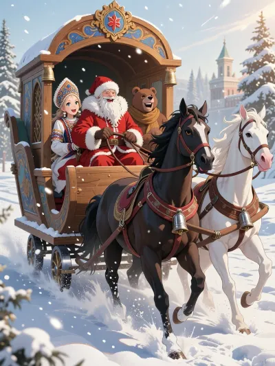 A dynamic animated wide shot depicting a traditional Russian winter troika dashing merrily across the white snow. The frame shows three different horses—a chestnut, a black and a white one—with silver bells hanging from their harnesses. Inside the richly decorated wooden sledge, behind the horses, three clearly distinguishable characters are laughing joyfully, Father Frost in a red fur coat, the beautiful Snow Maiden in an exquisite Russian kokoshnik, and a cheerful teddy bear wearing a scarf and fur mittens. Sparkling snow, magical low winter sunlight, professional dynamic photography and snow-covered fir trees. The style of a fairy-tale illustration in the spirit of Soviet postcards.