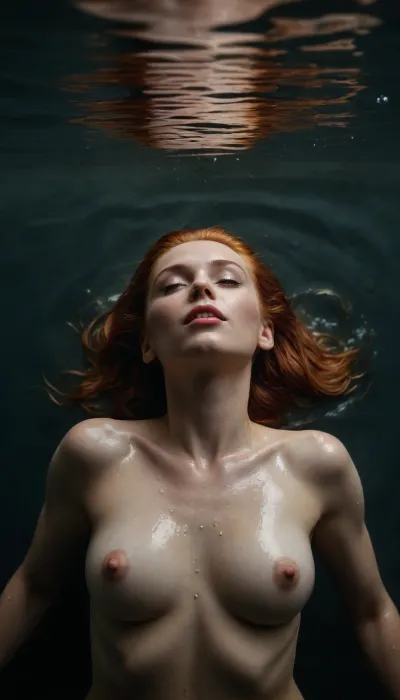 A COLOR photograph of a woman floating on her back in water, her face tilted upwards with a joyful expression, partially submerged, more nudity, prominently showcasing medium sized breasts, firm buttocks, fully naked, [Artistic Style], Vintage Photography, Film Noir, [Color Palette], with high contrast, [Lighting], Dramatic lighting, strong highlights and shadows emphasizing the water droplets and contours of the body, [Composition], full body shot, slightly from above, focusing on the woman's face and body, water texture filling the frame, [Additional Details], Grainy texture, reminiscent of classic Hollywood photography, water droplets glistening on the skin, a sense of liberation and vulnerability, soft focus on the background, classic 1940s hairstyle, . Shot in 75mm with Panavision lenses, the image boasts sharp focus, fine details, and realistic textures in 8K HDR. The scene blends depth of field with vibrant cinematic color grading, capturing her natural beauty in a dramatic film-still aesthetic. The overall impression is one of sexual activity. Impressive composition, natural beauty trending on Artstation, 8k, high resolution, best quality. Bright ginger hair, very long hair, wet hair, full body naked only the accessories informed they use, they have medium breasts NUDE, (1.8), and shaved vagina NUDE, (1.3), above the vulva, cinematic shot, dynamic lighting, 75mm, Technicolor, Panavision, cinemascope, sharp focus, HDR, realism, realistic, key visual, film still, cinematic color grading, depth of field.