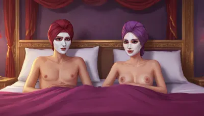 couple having sex on purple bed, both wearing porcelain ornamental masks with burgundy turbans, (artwork, digital painting, fantasy art, loading screen art style), <lora:LegendDarkFantasy-000001:1>, <lora:SumTim:.1>, <lora:SDXLSamDoesArts:.5>