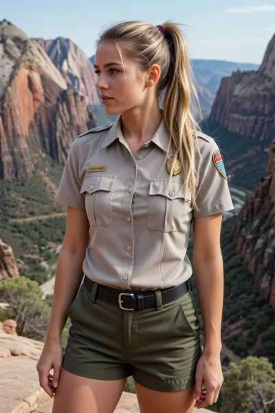 stunning park ranger wearing a flattering polo shirt and khaki shorts
her long blonde hair is tied back in a sporty ponytail
she's on top of Angel's Landing in Zion National Park with an incredible vista behind her