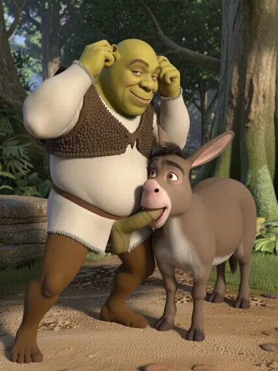 An image in the classic style of the Disney cartoon Shrek. A fairytale forest, in a clearing, Shrek is giving Donkey oral sex, doggy style, from the side. Shrek stands in front of Donkey, holding his ears, and Shrek's enormous green penis is visible, half-buried in Donkey's mouth. Donkey gives Shrek oral sex, Donkey sucks Shrek's penis, Shrek stands in front of Donkey, holding his ears with his hands and thrusting his penis into Donkey's mouth. They look at the viewer with fear, as if caught off guard.