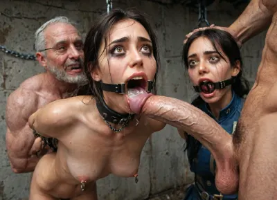 100% exact matching 32 years old tiny Lucy maclean from Fallout, (((18 years old), (1.60 meters), (42 kg), (hogtied in large iron chains to the wall:1.7), ((crying alot:1.65)), extremely shy, (5 men jerking off on her:1.12), ((5 old men gangrape:1.12)), (ring gag, open mouth gag:1.5), (many men filming her with cellphones laughing:1.18), (ultimate realistic 18 years old tiny Lucy maclean from fallout real_body:1.1), (shiny skin:1.12), (skinny:1.5), (ultimate realistic 18 years old tiny Lucy maclean from fallout real_face:1.1), (black hair), long straight hair, ruined black makeup, runny makeup, (big brown eyes), eyelashes)), exhausted ecstatic expression, staring into the camera, ((Hyper realistic)), beautiful skinny, perfect figure, best breasts, 24-year-old Danish woman, long slender toned legs, blue eyes, deep tanned body, bare feet, athletic body, very long dark brown straight hair, half ponytail, Kodak Portra 400 color film. Nostalgic, film-grain aesthetic, with an overall underexposure of 1-2 stops to accentuate the brightness and colorful of the environment. Soft backlight., ((photorealistic)), (warm dim lighting), (eyes wide open in horror:1.48), (wide mouth spreader:1.18), (pleading expression:1.44), (terrified:1.44), (crying:1.444), UHD 8K, (full body photograph:1.12), (huge dick), (creamy deep deepthroat:1.12), (extreme oral sex:1.4), (huge massive white dick:1.4), (cum), (hands pulling hair hard), professional photograph shot on kodak, 35mm photo, cinemascope, 100 mm lens, 1/250 s, f/2.8, ISO 300, 3 idenctical twins, 3 women, (man is choking her from behind:1.4), ((hogtied, bound for sex, tied up)), (black eyes), (pale skin:1.3), cock in mouth, (brutal face fuck), Blowjob, (tears in eyes:1.5), (running makeup), (cum drips from nose:1.3), (cum drips from mouth:1.3), ultra hd, photorealistic, hyper gigantic large black cock in mouth, (((hyper gigantic large black cock in mouth:1.3))), oral cream pie, hair grab, sad, sad crying, tongue out, brutal face fuck, tears in eyes, purple red face, running makeup, cum drips from nose, cum drips from mouth, one hand around her neck, choking her hard, strangling her, gasping for air, highly detailed, high resolution, perfect lighting, natural lighting, holding head, deepthroat, black spiked pet collar with leash, tied up in chains, hands behind back, (anal:1.5), (masterpiece:1.4), perfect anatomic body, anal spitroast, gagging on cock, random pose, random view angle, (pulled nipples:1.2), nipple clamps, spitroast, cum explosion from mouth, wide eyes, throat bulge, puffy cheeks, thick cum, holding her head with both hands, (((hyper large cock in mouth:1.3))), screaming, shocked, tearful, deep anal penetration, hyperrealistic, 8K, BadX, Stable-Yogis-Makeup-Enhancer-XL, wearing, a, Vault, Suit, with, Leather, Armor, and, PipBoy, on, her, wrist, Lucy, FalloutCinematic, <lora:Lucy:2>, <lora:FalloutCinematic:2>, <lora:LCMTurboMix_Euler_A_fix:2>, <lora:JuggerCineXL2:2>, <lora:detailed_notrigger:2>