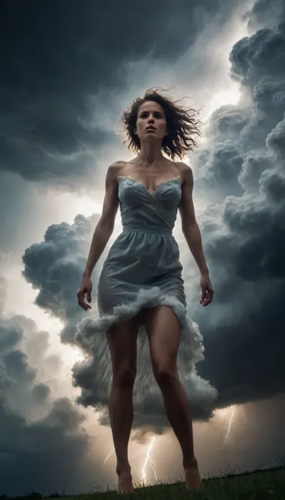 Cinematic, wide angle, 35mm, dramatic storm. The form of a woman from billowing clouds, a full body image of a woman, semi-transparent stormy clouds, dark sky, lightning sparking through her cloud body, martius_storm woman, <lora:Storm_Cloud_Style_SDXL:2>, <lora:Aether_Cloud_v1:.8>