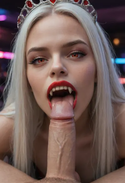 hyper detailed hyper realistic natural petite cutie, 18 years old beautiful vampire queen, (very slim), nightclub, very detailed face, pale woman with white hair, Vampire Queen sucks penis, close up, red eyes, (((very long vampiric fangs))), sharp Long canines, luxurious tiara in the style of dark fantasy, symmetrical epic fantasy art, dark fantasy, purple lights, neon, colorful, high detail, impeccable image quality, ultrarealism, cockbiting, bitingshaft, vampirebiting, 1girl, penis, hetero, 1boy, fellatio, oral, solo, focus, pov, fangs