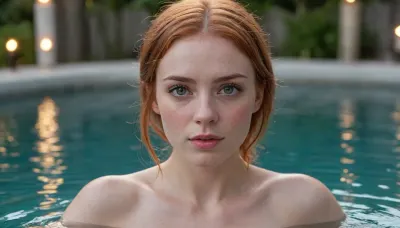 (21 year old woman), (soft focus), (moody romantic lighting, candle light, string lighting:1.2), (ultra realistic, realistic, photorealistic, photo realistic, photorealism, photo realism), (maximum quality, ultra-detailed, insanely detailed, highly detailed, high quality, uncompressed, raw source photograph), (highly detailed eyes, high resolution eyes, high quality eyes, highly detailed skin, detailed skin texture, highly detailed hair), (same color eyes, symmetric eyes, matching eyes, detailed eyes, detailed iris, detailed pupils, limbal ring around iris, perfectly round iris, perfectly round pupils), (striking eyes, captivating eyes, mesmerizing eyes, glittering eyes, Fae eyes), (highly detailed skin, detailed skin texture, highly detailed hair), (flushed face, flushed cheeks, rosy cheeks, flushed neck, flushed chest), (Irish, red hair, pale skin with prominent tan lines and freckles), (relaxing in a beautiful outdoors pool:1.4), (highly detailed nipples, high resolution nipples, high quality nipples)