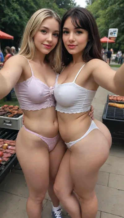 (Candid photo:1.9), (standing in a sunny park barbecue:1.8), (Bff selfie:1.8), (party people in background:1.9), [2girls, 21yo amateur cute beauties, (Hanna is french, pale skin, blonde balayage hair with hair bangs, tight body, plump perky tits, small ass and hips), , , (Sophie is Belgian girl, long blonde hair, tanned skin, tiny tits, skinny body, big ass and hips), , ], public, groping