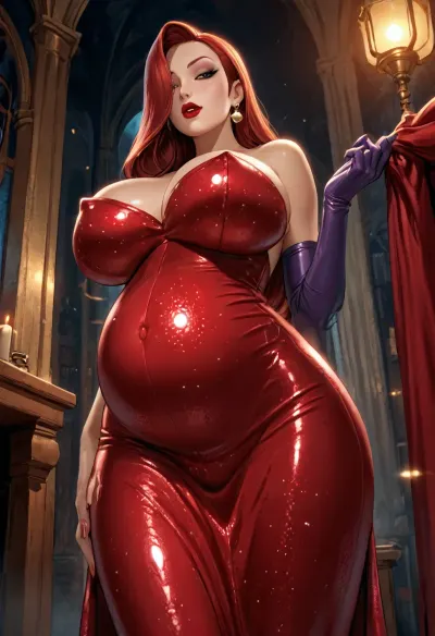 Jessica Rabbit, beautiful, huge breasts, reiq style, 9 month pregnant, low angle view, bent over to viewer, front view, red sparkly dress, glossy red lips, <lora:LCMTurboMix_Euler_A_fix:.8>