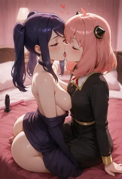 2 girls, furry girl, jill stingray, (medium breasts), anya forger, size difference, exposed breasts, sitting in bed, french kissing, dress, dildo riding exposed ass, (Anya, bangs, green, eyes, pink, hair, female, anya, (spy, x, family), hairpods, dress), <lora:ToraFurry_XL_p2-t1:1>, <lora:Anya_XL:.8>