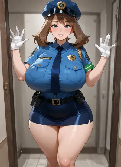 may from pokemon, 23 years old, adult body, 1 female, police officer, curvy