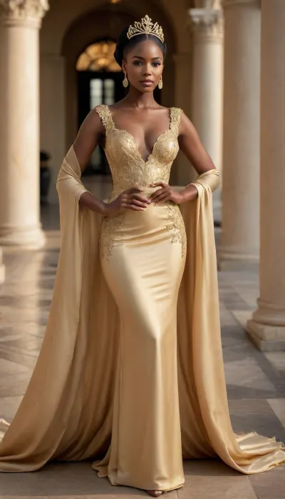 full body view, Create an image of a stunning portrait that embodies the theme of Golden Elegance, Radiance in Every Detail. The subject is a beautiful dark woman exuding confidence and grace, her skin glowing with a golden hue that reflects the warmth of the golden hour. She is adorned in luxurious fashion, with elegant attire that complements her natural beauty and flawless style. The setting is bathed in soft, golden light, enhancing the richness of her complexion and the elegance of her pose. Her expression is regal and poised, capturing the essence of #AfricanBeauty and #BlackExcellence. The overall mood is one of sophistication and natural glam, with an emphasis on #QueenEnergy and timeless elegance.