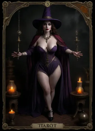 Tarot legendary card. Detailed decorated golden frame., (Five golden star rating), .
50 years old, ((pale white)), housewife, Classy, thick booty, (curvy waist:1.2), (chubby:1.3), sexy thick legs, thick arms, saggy natural tits 32b, wavy brunette hair, black eye shadow, Dark Purple lipstick, Glossy oiled face & body, dark purple amethyst pentacle necklace, dark purple amethyst wedding ring, slutty smirk, witch in black laces transparent dress, cleavage, small witch hat, High detail, excellent image quality, big meaningful blue eyes, long fake eyelashes, very big lips glossy red, color eyeliners, ultra heavy makeup, night, moonlight, black cat, Halloween pumpkin lantern, (tarot cards:1.9), ((Major Arcana Tarot cards)), ((The Fool)), ((text on card, The Fool)), candles, open red cloak, sapphire necklace, golden bracelets, reiq style, <lora:detailed_notrigger:.7>, <lora:dark:.8>