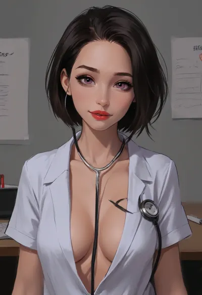 Doctor listening to a woman's heart using a stethoscope, Sexy asian goth girl in doctor's office, her hands behind her back, cleavage, back arched, smiling, excited, (hyper detailed), ((older doctor listening to her heart with a stethoscope)), (violet eyes), bare chested woman, large saggy breasts, no bra, (SamDoesArts:.9), drawing, (J_cartoon:1.3), (incase:.5), <lora:SDXLSamDoesArts:.5>, <lora:mk_Bp Anime_xl:.2>, <lora:EnvyAnimeDigitalPaintingXL01:.1>, <lora:ratatatat74-000050:.1>, <lora:J_cartoon:.1>